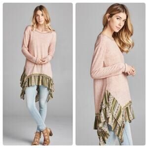 NWT‎ Boho tribal shark bite hem pink top ruffle bottom lagenlook